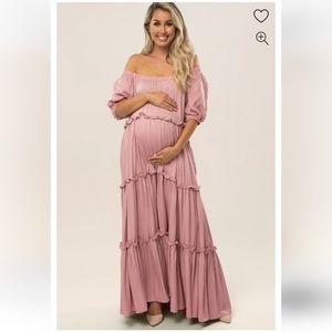 Mauve Off Shoulder Ruffle Tiered Maxi Dress L